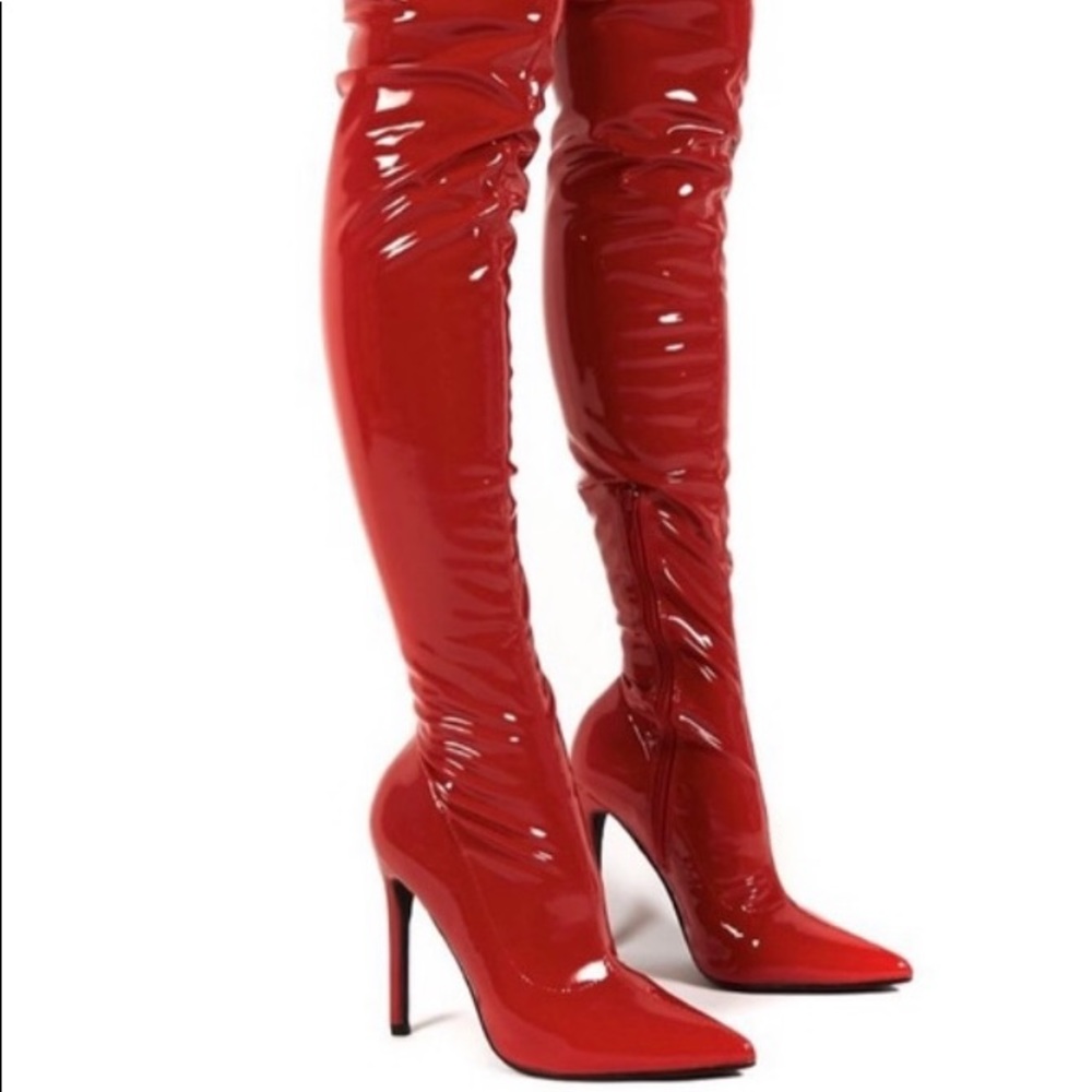 Public Desire Red Patent Leather Thigh High Boots
